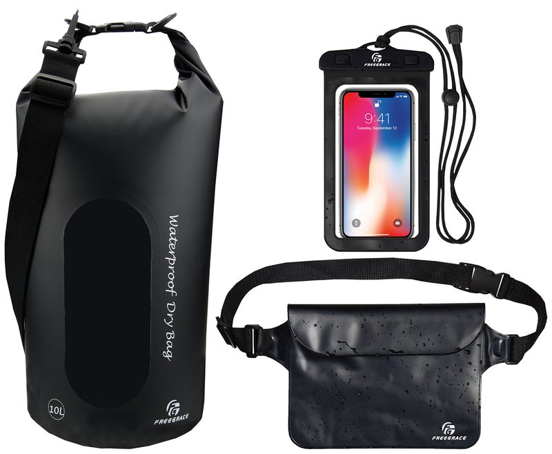 Freegrace Waterproof Dry Bags Set of 3 Dry Bag with 2 Zip Lock Seals & Detachable Shoulder Strap, Waist Pouch & Phone Case - Can Be Submerged Into Water - for Swimming (Black(Window), 10L) - Image 1